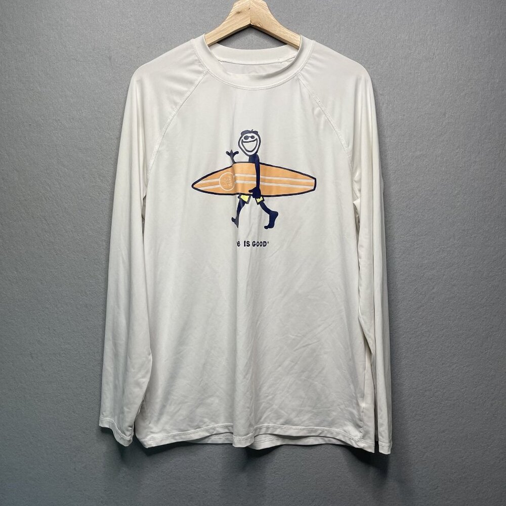 Life is good “Graphic Big Logo” mens LS white swim shirt size Medium